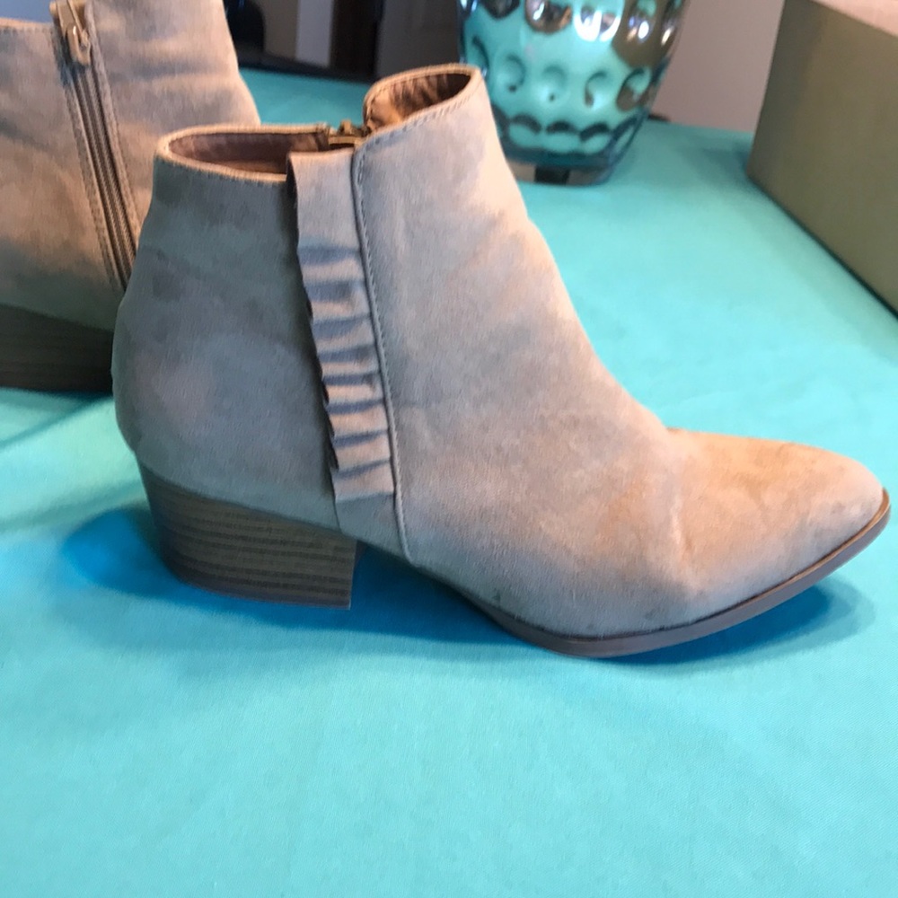 JustFab tan suede booties with side ruffle